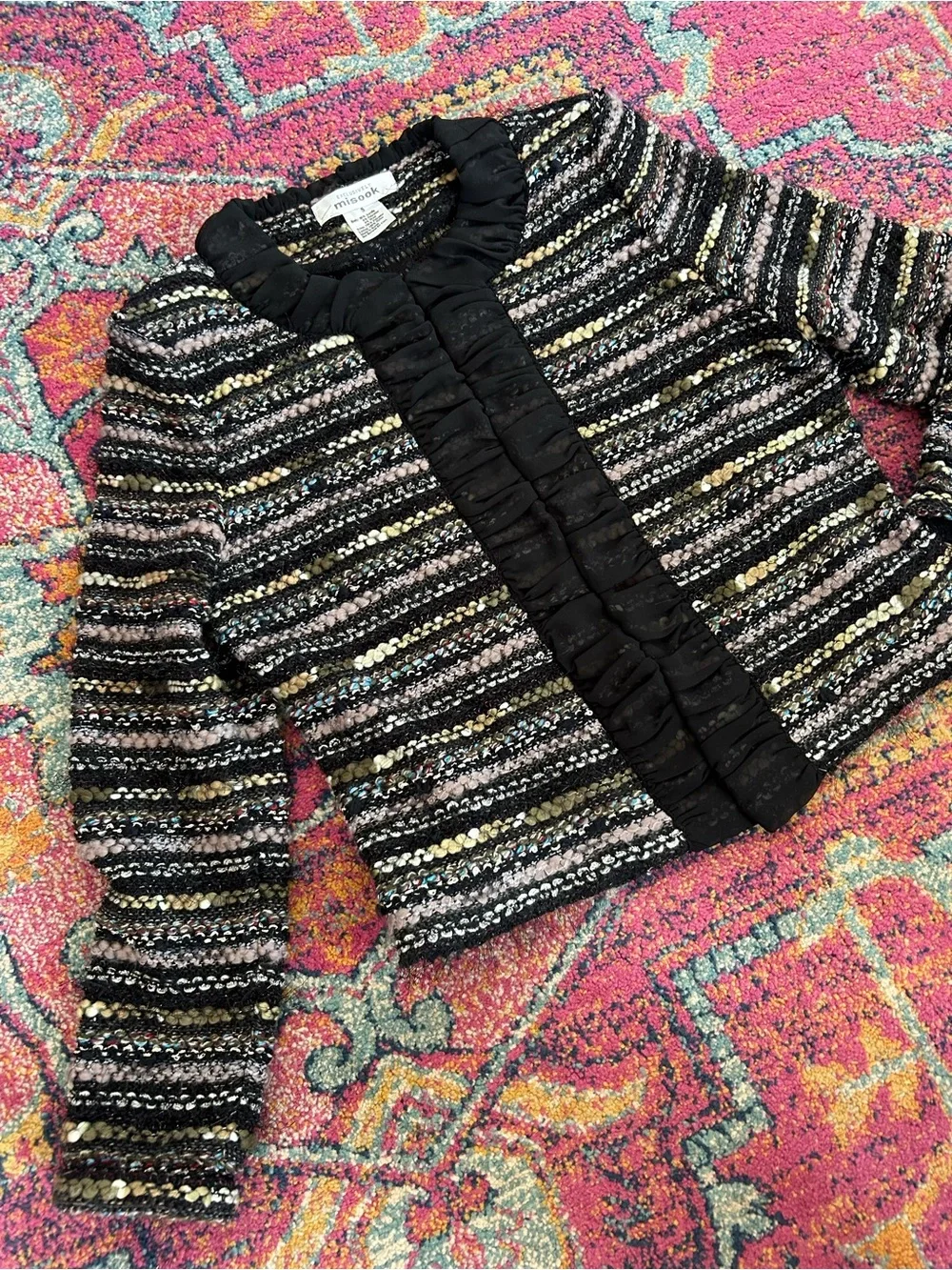Misook | Women’s Black/Multi Knit Front Clasp Long Sleeve Collarless Blazer Sz S